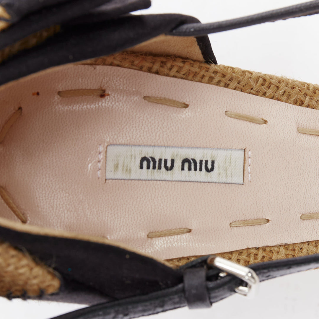 MIU MIU beige black jute satin bow back t strap maryjane pumps EU37.5