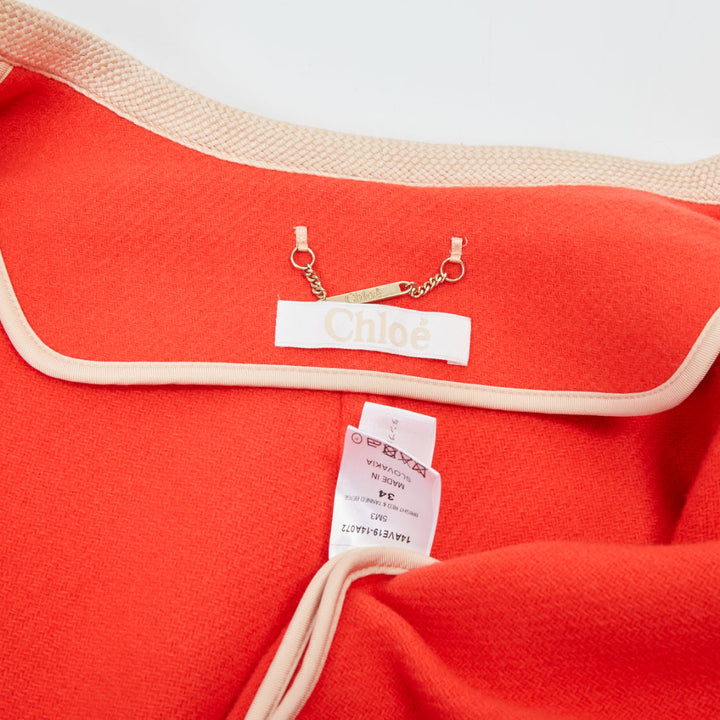 CHLOE asymmetric coral pink orange piping zip trim wool cape jacket FR34 XS