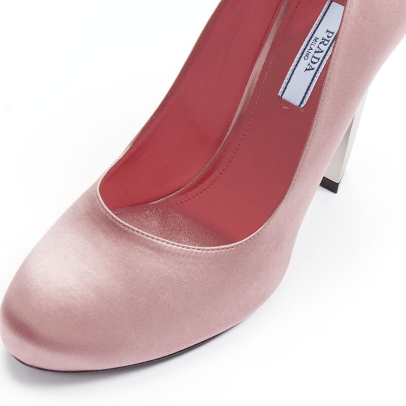 PRADA Lightning Bolt pink silk satin silver metal heel pump EU38