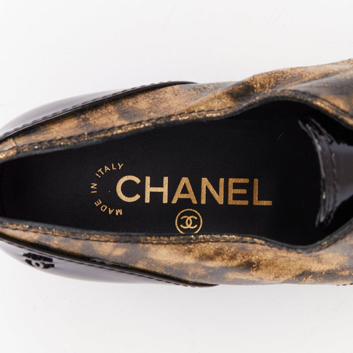 CHANEL 2018 Runway Forest Fairies black gold pointed square toe CC oxford EU38.5
