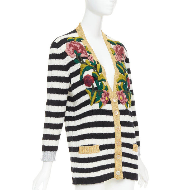 GUCCI Michele black white cashmere wool flower embroidered gold cardigan XXS