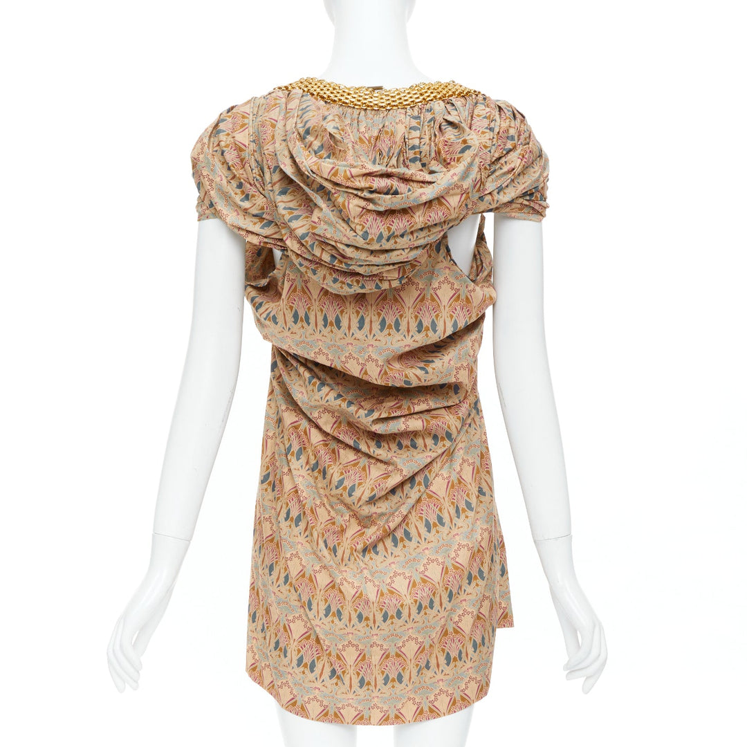 JUNYA WATANABE 2008 beige ethnic print gold chain hardware high low dress S