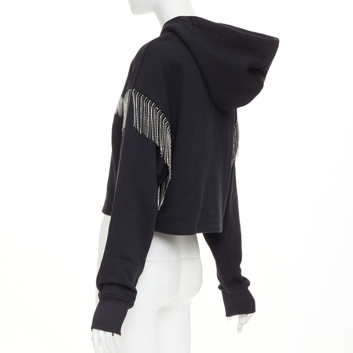BALMA 2024 black crystal logo embellished fringe cropped hoodie sweatshirt XS
