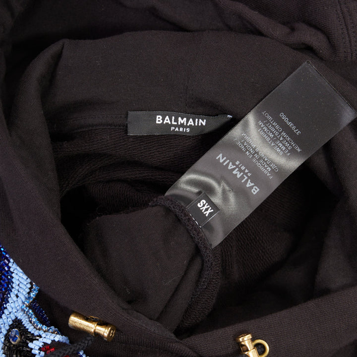 BALMAIN crystal rhinestone bead baroque logo black cropped fleece hoodie XXS