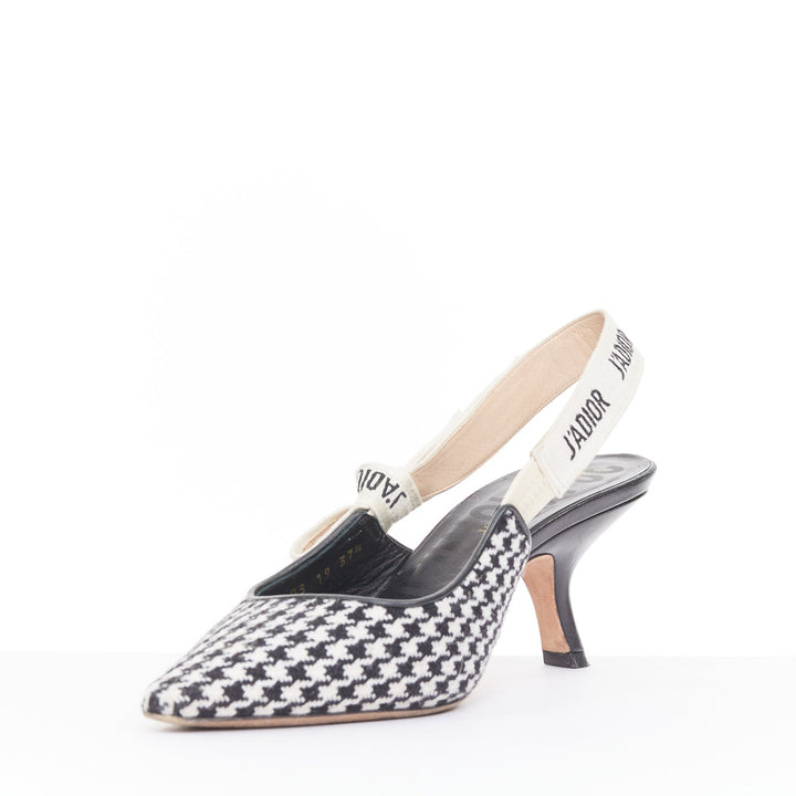 CHRISTIAN DIOR 2019 J'Adior black white houndstooth Ribbon sling pumps EU37.5D