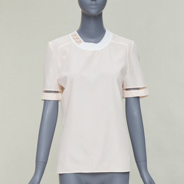 FENDI pink silky nude FF monogram crew collar diamond checked short sleeve top