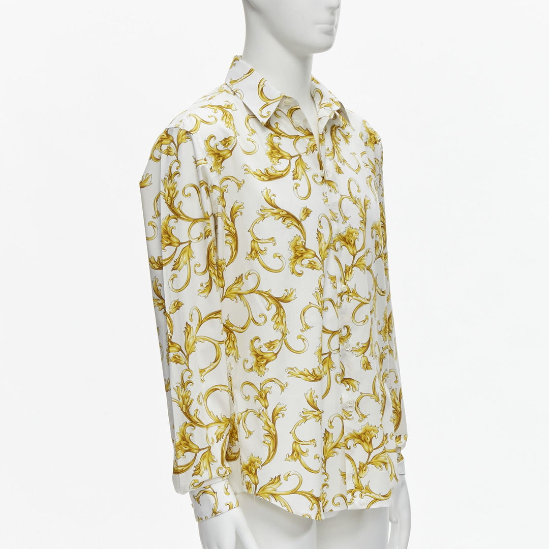 VERSACE Barocco Rococo white gold floral leaf cotton shirt EU48 M / L