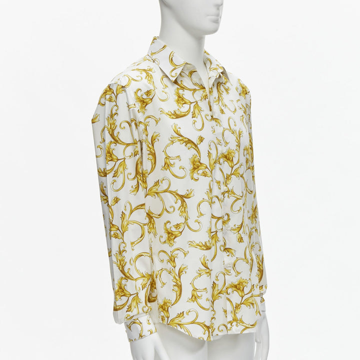 Male mannequin wearing Versace by Donatella Versace Versace Barocco White Cotton Men Shirt in Size EU40 | Available at JHROP