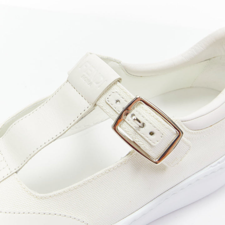 FENDI white leather canvas logo buckles t strap platform sneakers EU41