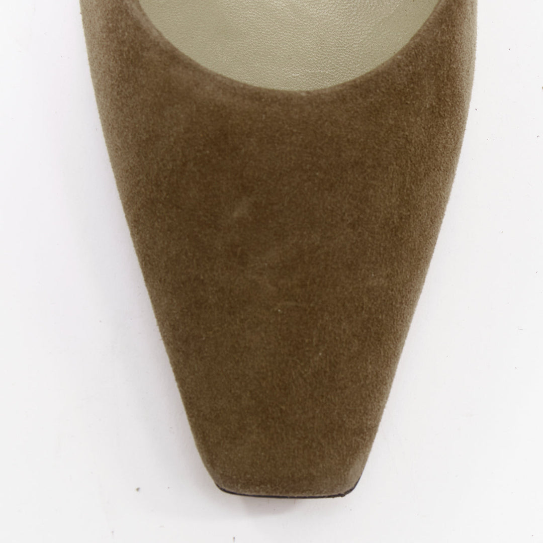 THE ROW Carla 80 dark taupe goatskin suede elongated square toes pumps EU38
