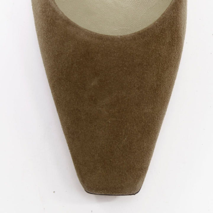 THE ROW Carla 80 dark taupe goatskin suede elongated square toes pumps EU38