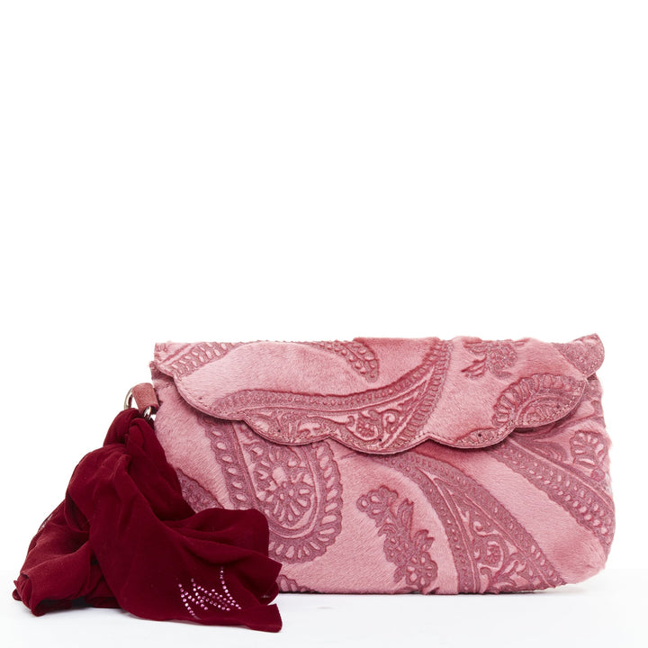 MATTHEW WILLIAMSON pink laser cut calf hair crystal silk wristlet clutch bag