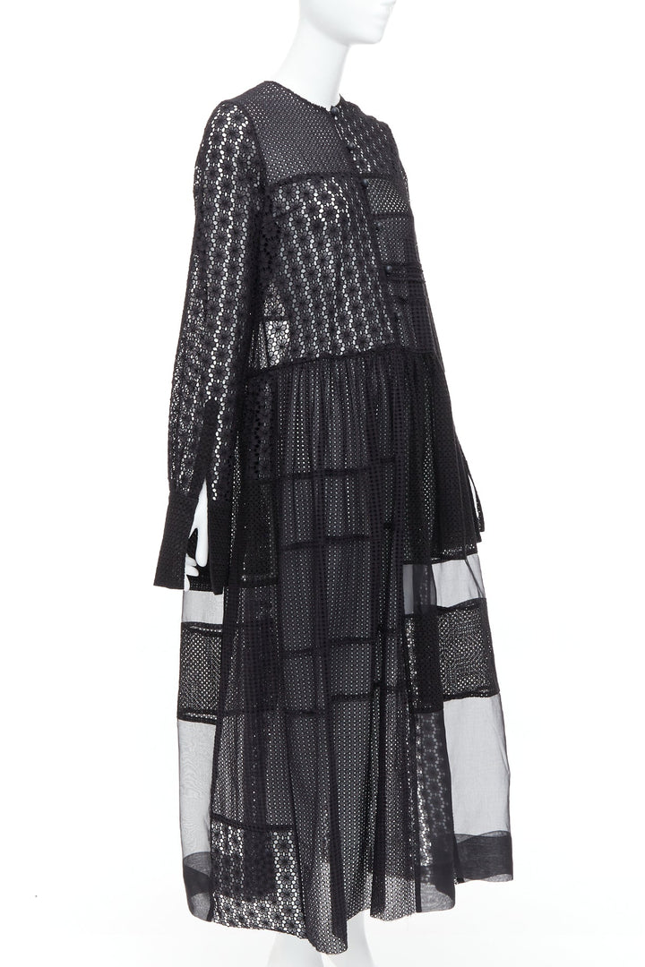 JOSEPH Odette black cotton silk blend eyelet sheer midi dress FR34 XS