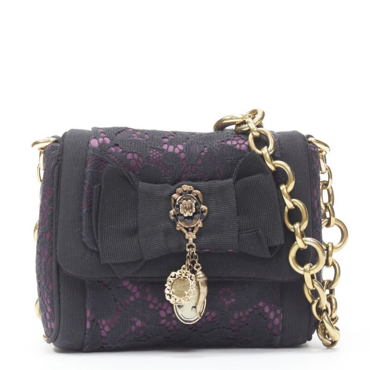 DOLCE GABBANA crystal medallion charm bow lace satin flap chain shoulder strap