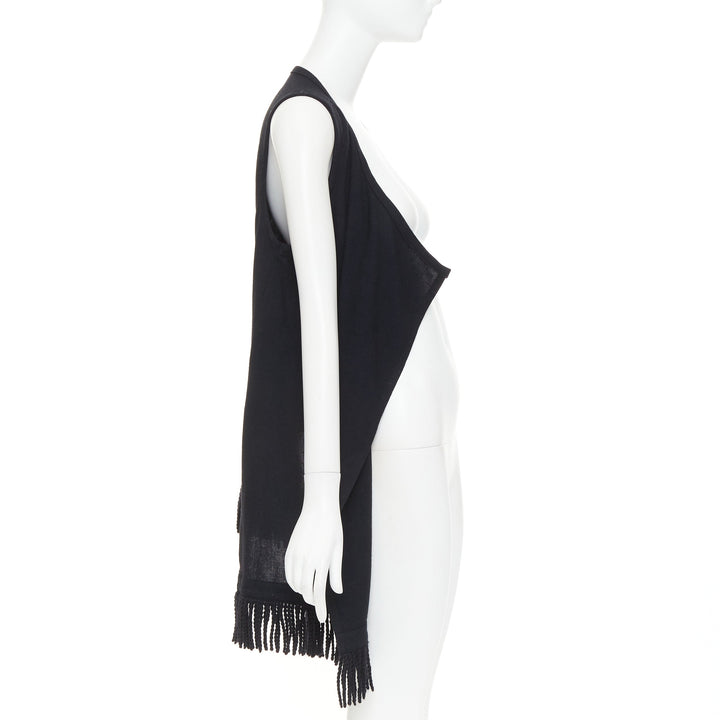LIMI FEU black wool blend fringe hem open front draped long vest