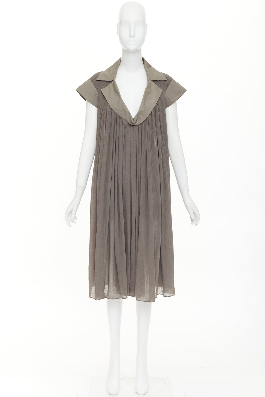 BOTTEGA VENETA grey cotton chiffon pleated plunge spread collar dress IT40 S