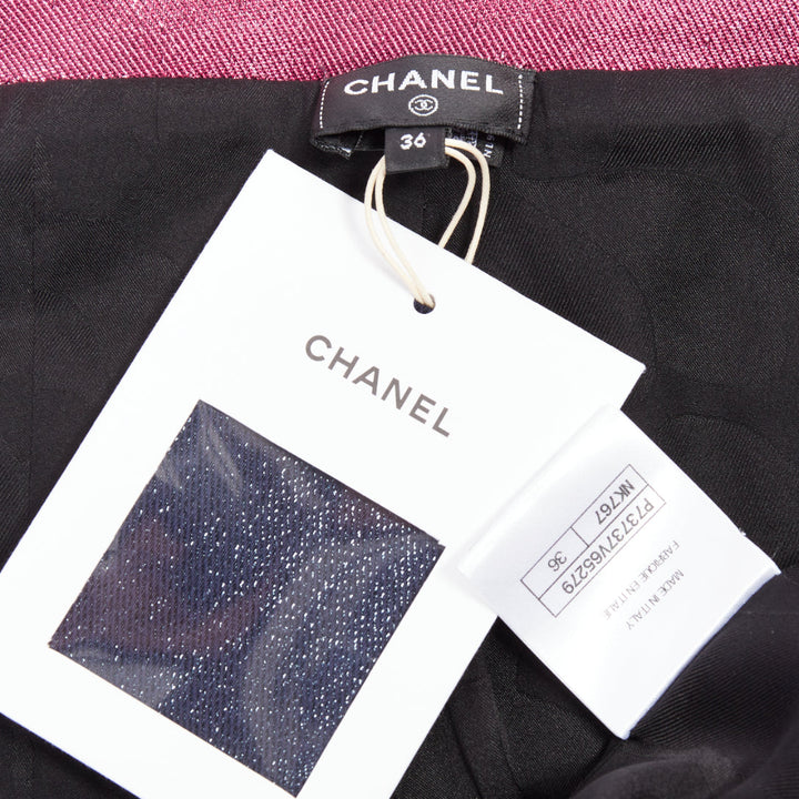 CHANEL 22K navy pink metallic wool blend cropped jacket FR36 S