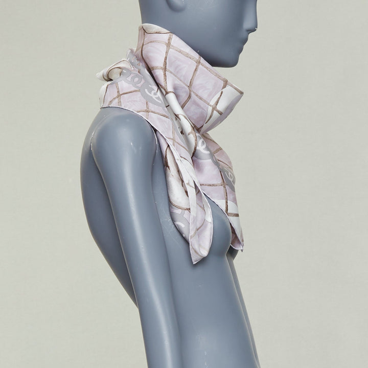 CHANEL 100% silk pink grey CC logo camellia flowers checkered pearl scarf 85cm
