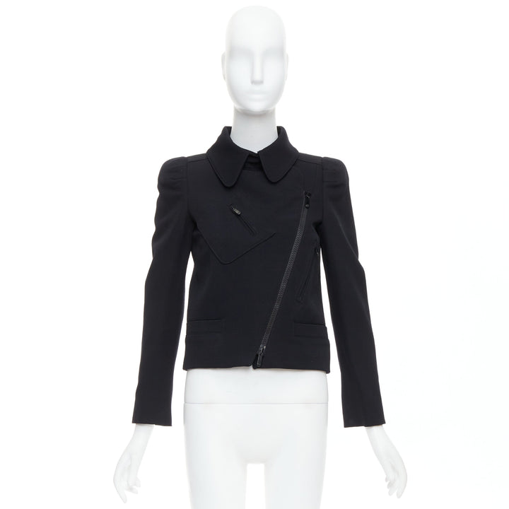 GUCCI 2007 black wool blend 3D shoulder biker crop jacket IT38 XS