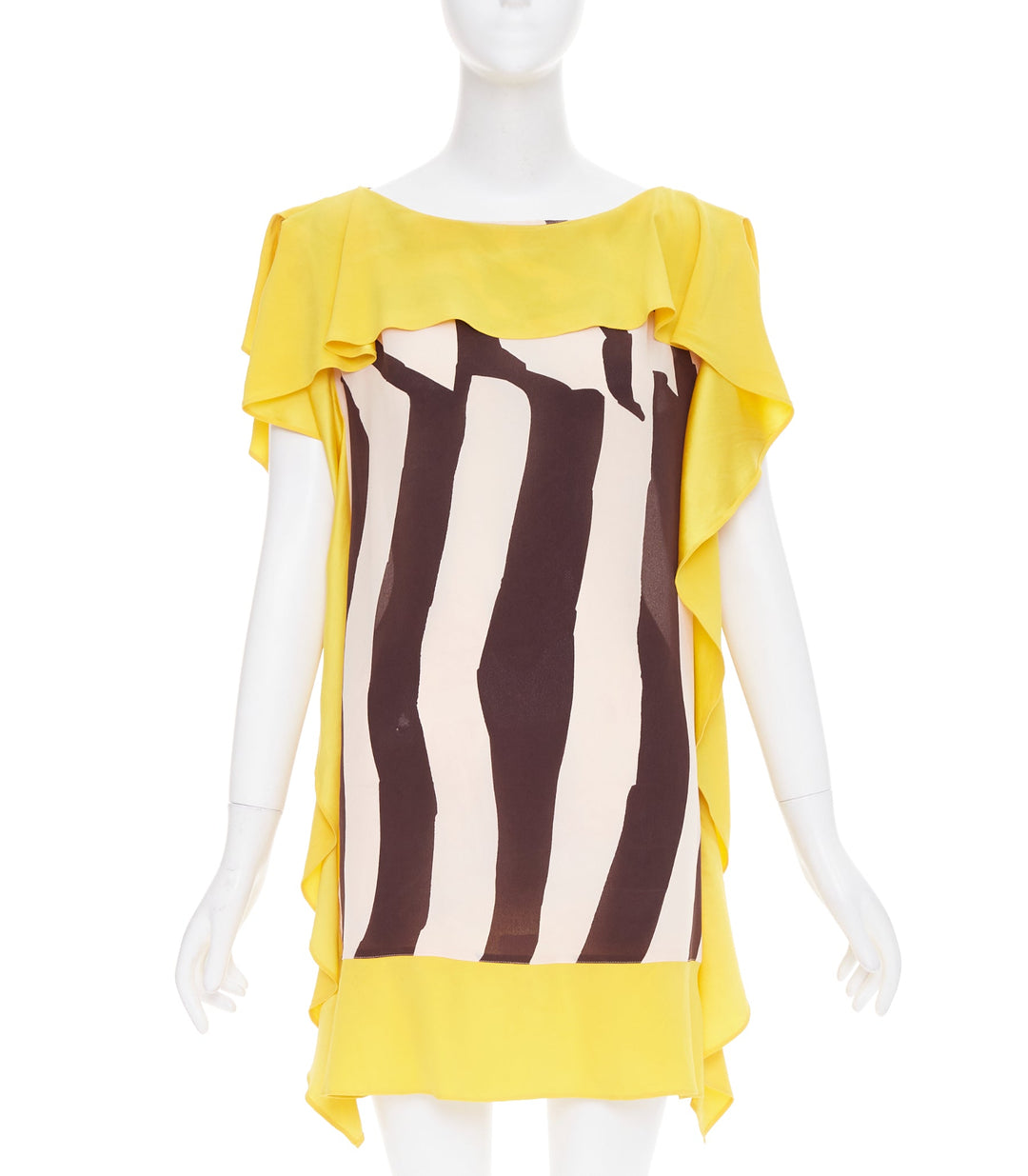 ESCADA Vintage abstract print yellow brown cream ruffle silk mini dress FR40 M