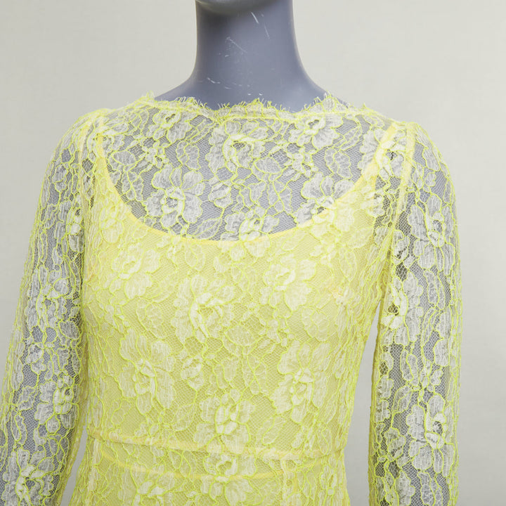 VALENTINO neon yellow cream lace silk lined tulle trim mini dress