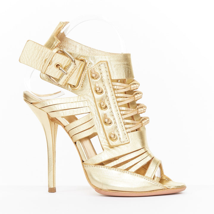 GIVENCHY 2008 Runway metallic gold leather caged gladiator heels EU37