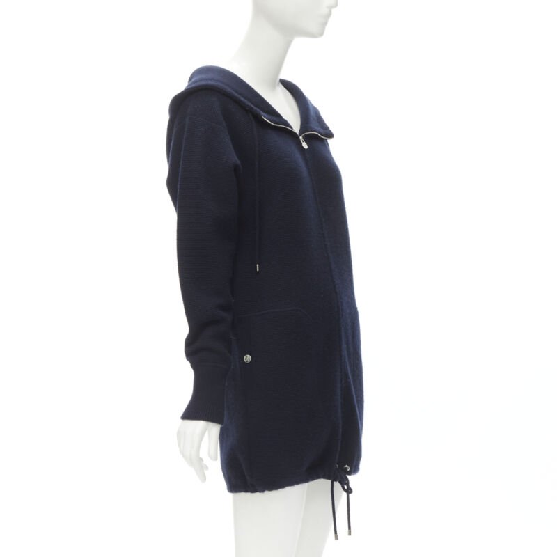 CHANEL 100% cashmere navy silver CC zip up hooded sweater FR34 XS