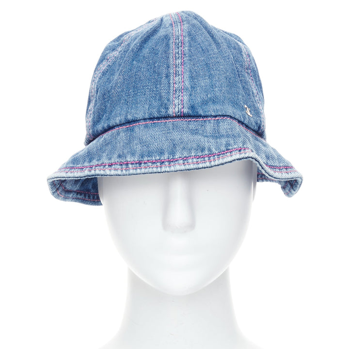 CHANEL 2022 washed blue denim silver CC logo red topstitch bucket hat M