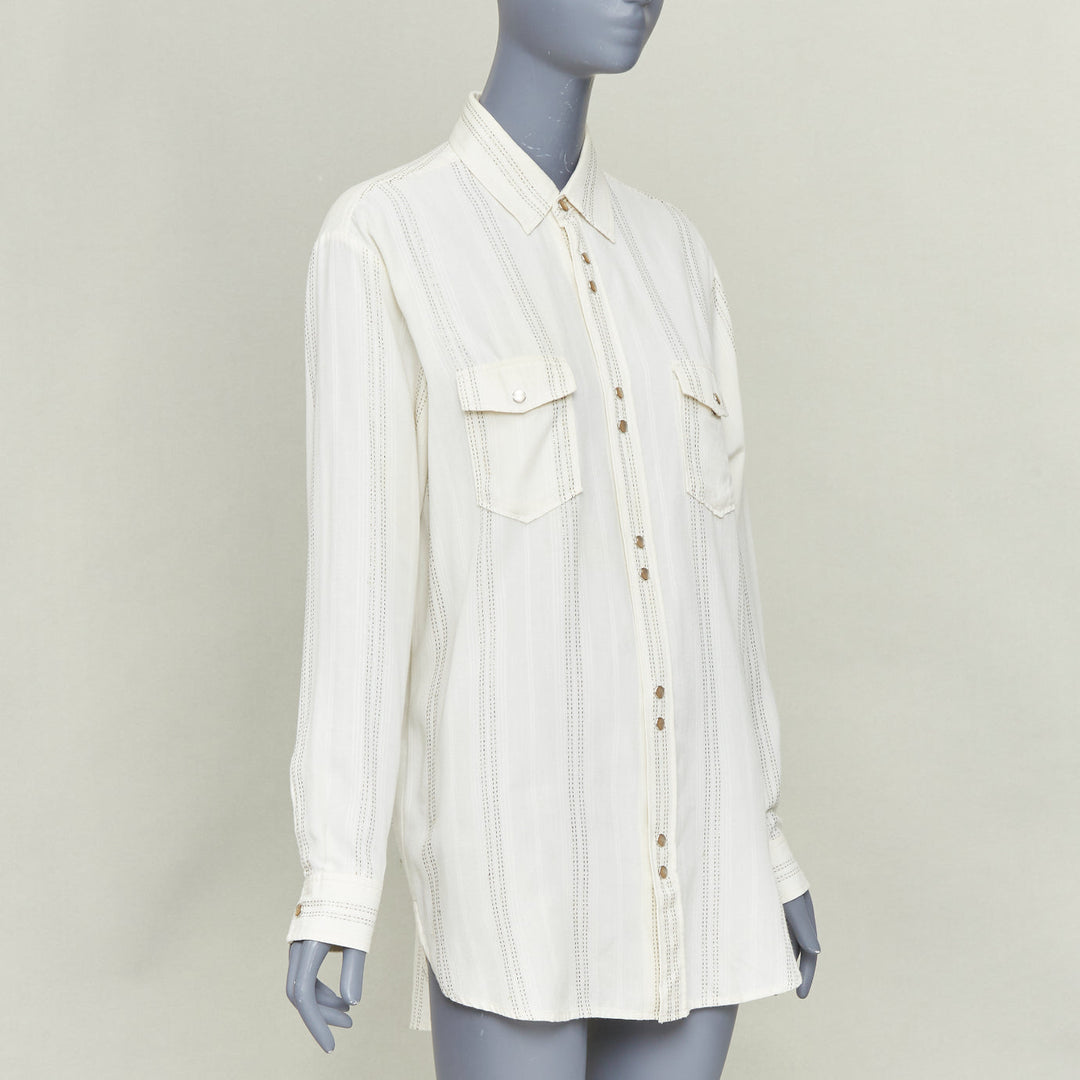 SAINT LAURENT 2019 cream modal blend gold metallic stripe weaved western shirt S