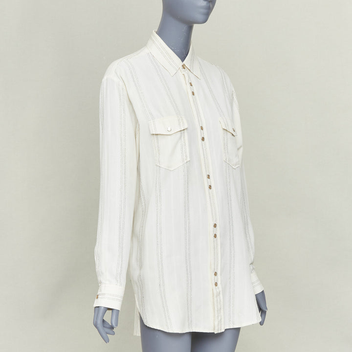 SAINT LAURENT 2019 cream modal blend gold metallic stripe weaved western shirt S