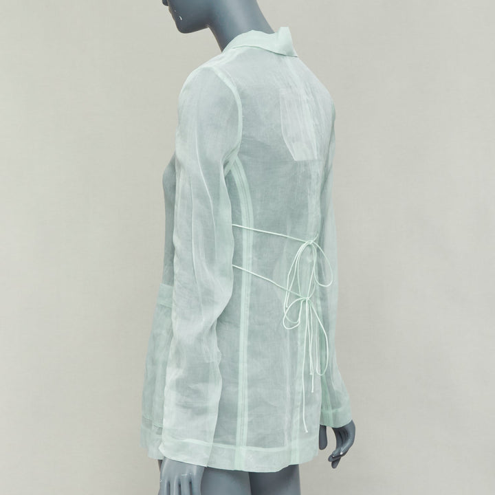 CECILIE BAHNSEN Fisola mint green cotton sheer bow tie waist blazer UK8 S