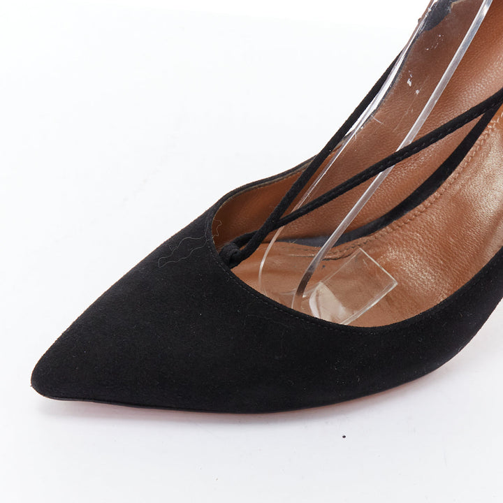 AQUAZZURA Christy 75 black suede lace up pointy mid pumps EU39