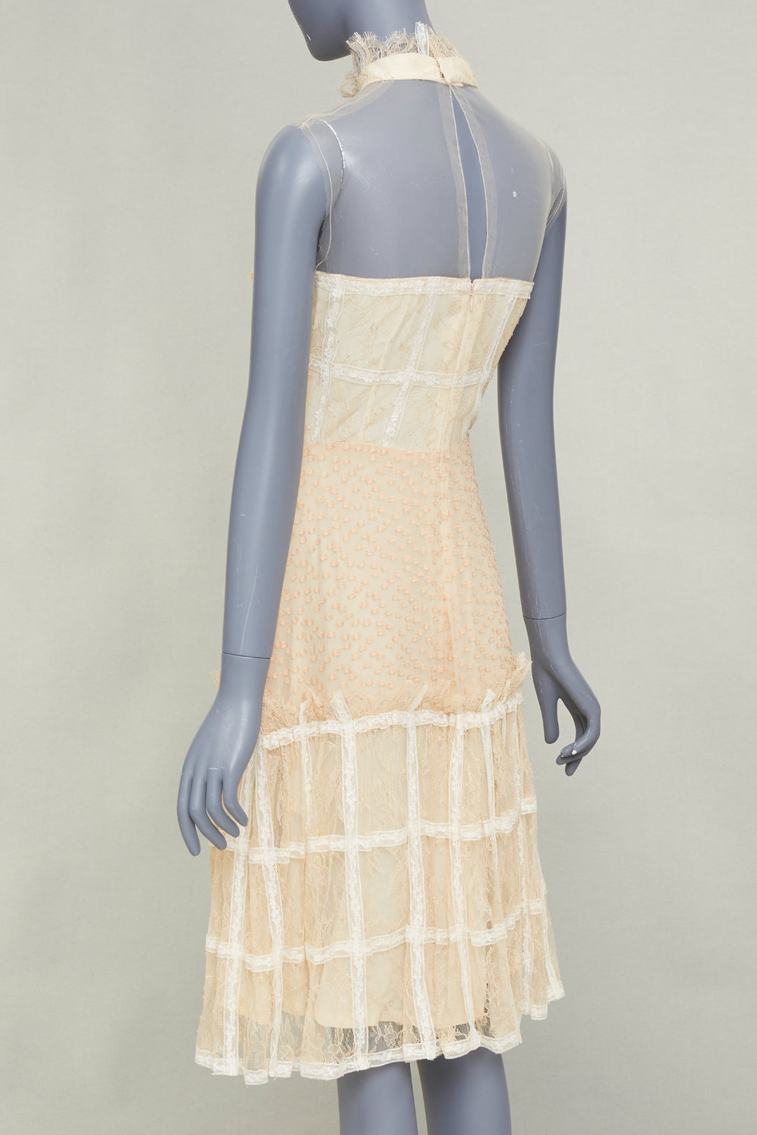 rare RODARTE 2017 halter ruffled panel lace cream beige midi dress US2 XS