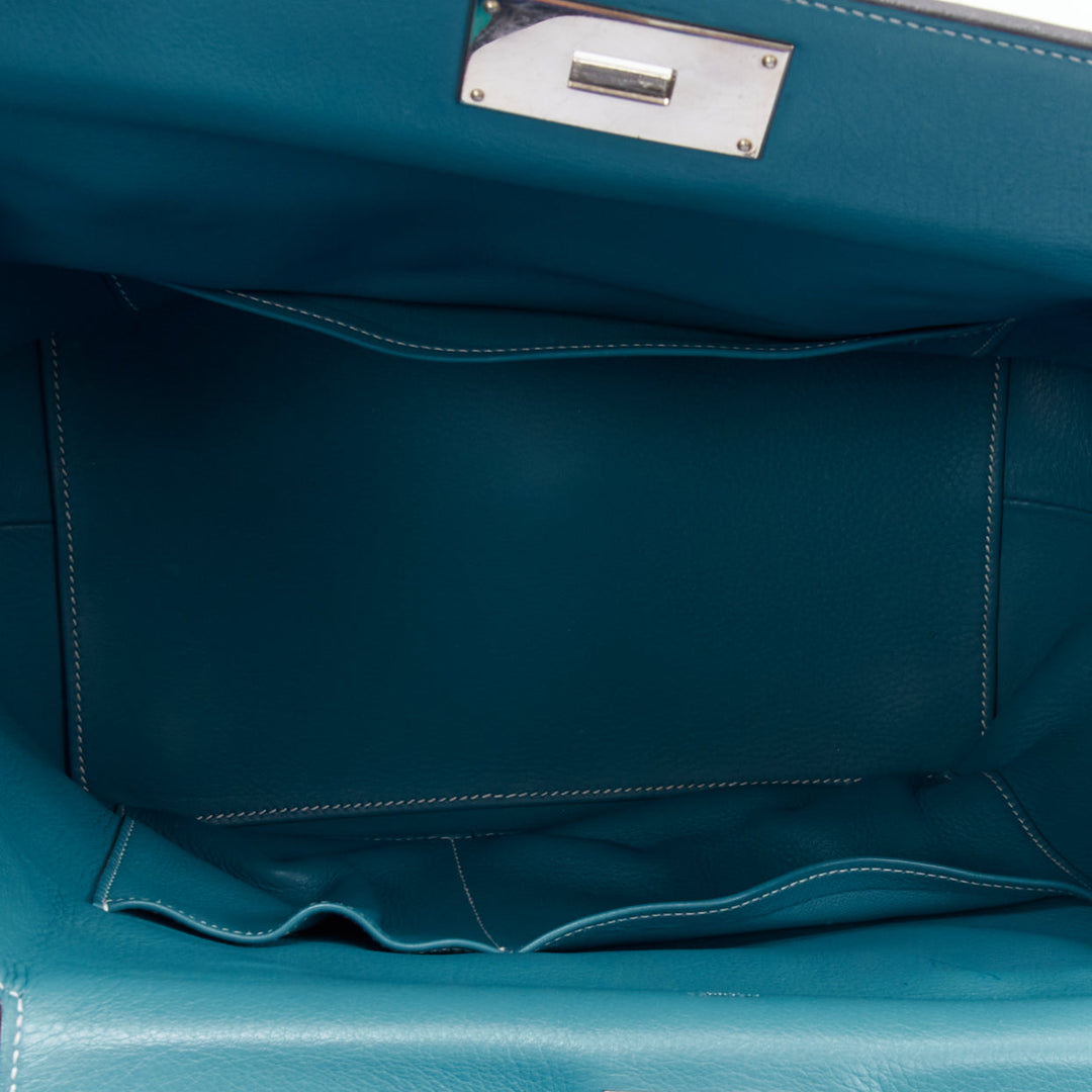 HERMES Toolbox 26 teal blue grained leather SHW top handle satchel