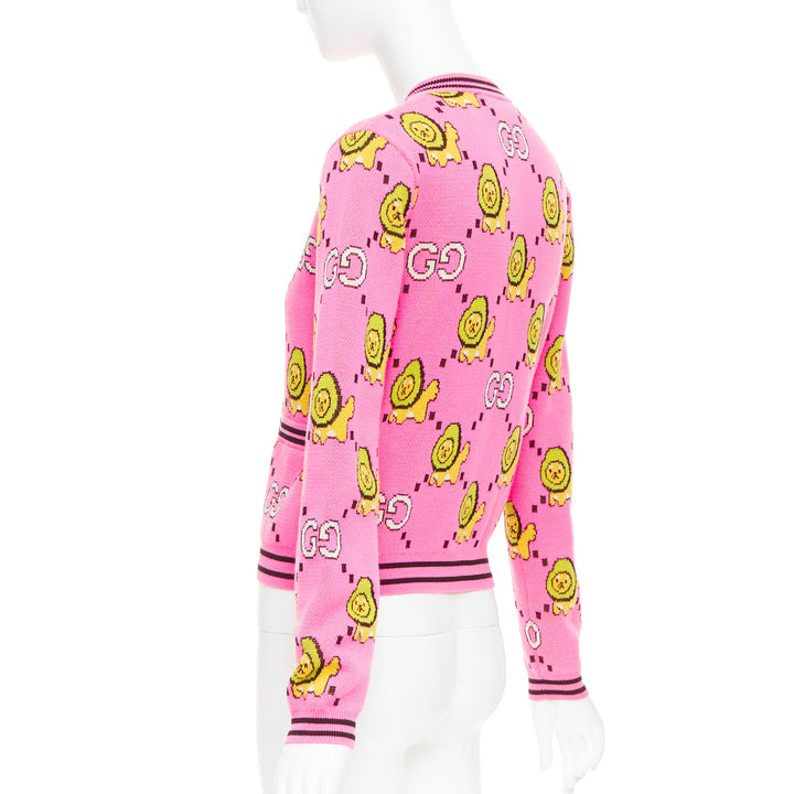 GUCCI PIKARAR pink yellow cotton Kawaii Lion GG monogram cropped cardigan XXS