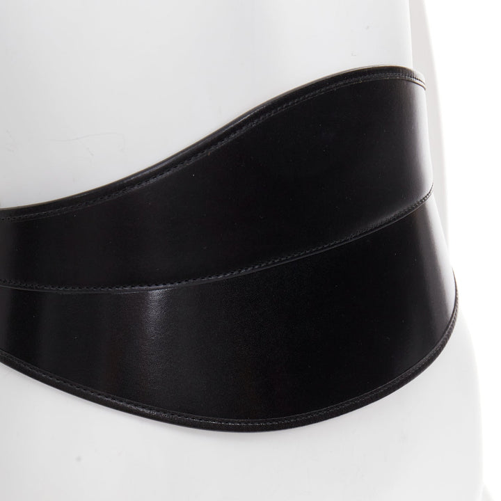 ALEXANDER MCQUEEN black polished leather hard overstitched corset waist belt 26"