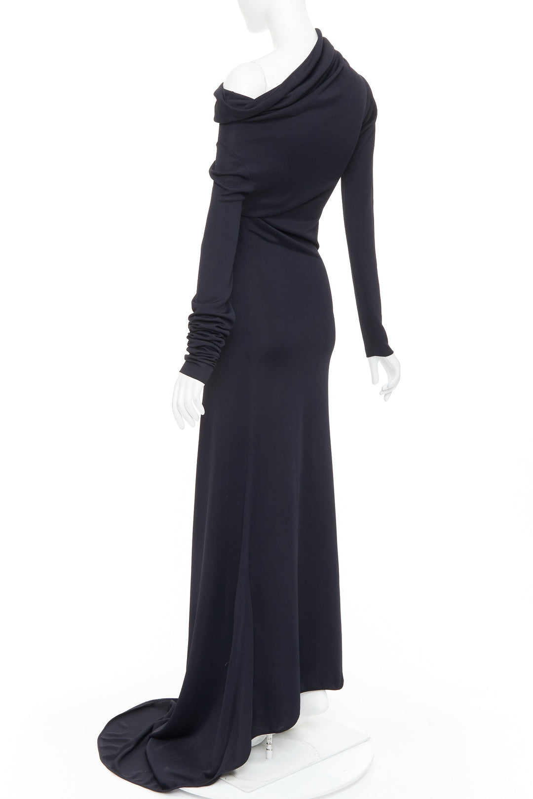 FERRAGAMO Maximilian Davis 2023 black viscose blend off shoulder train gown M