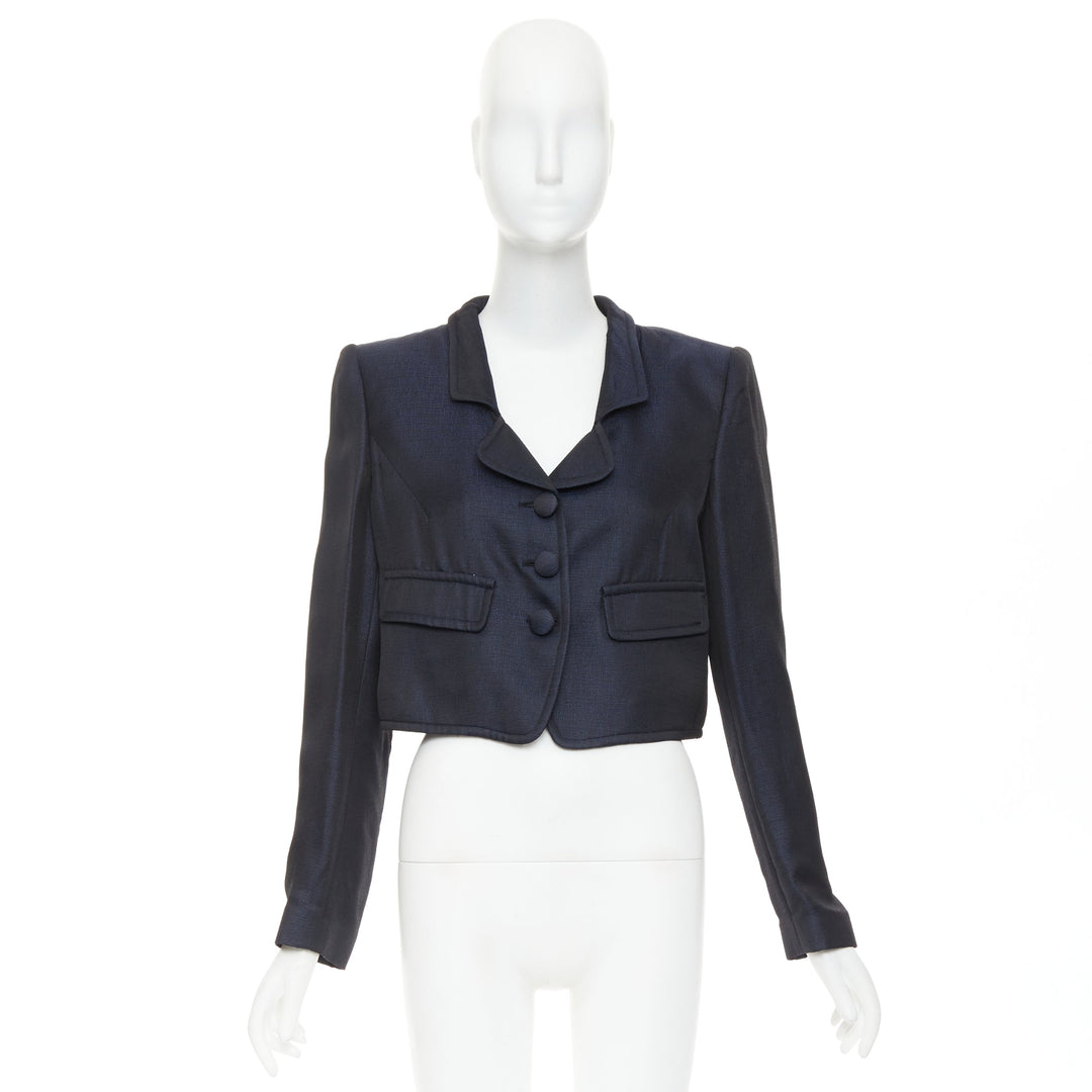 GIORGIO ARMANI navy textured flap pockets cropped evening jacket blazer IT46 XL