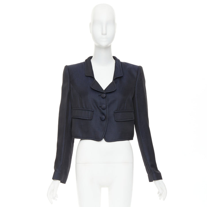 GIORGIO ARMANI navy textured flap pockets cropped evening jacket blazer IT46 XL