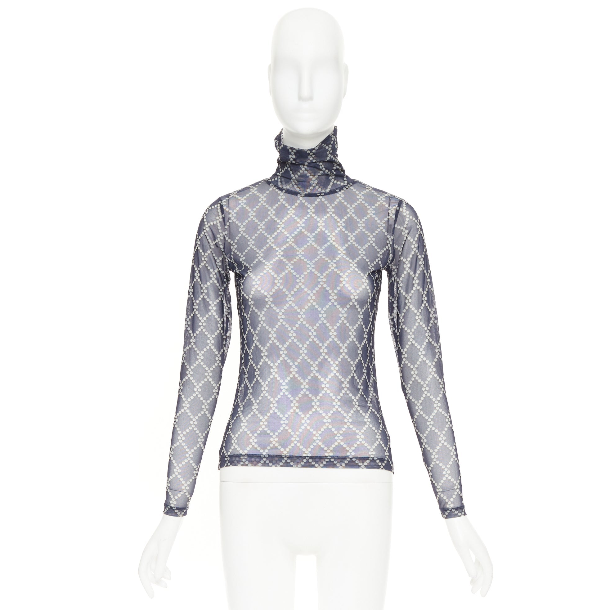 DRIES VAN NOTEN navy blue pearl diamond print high neck sheer top