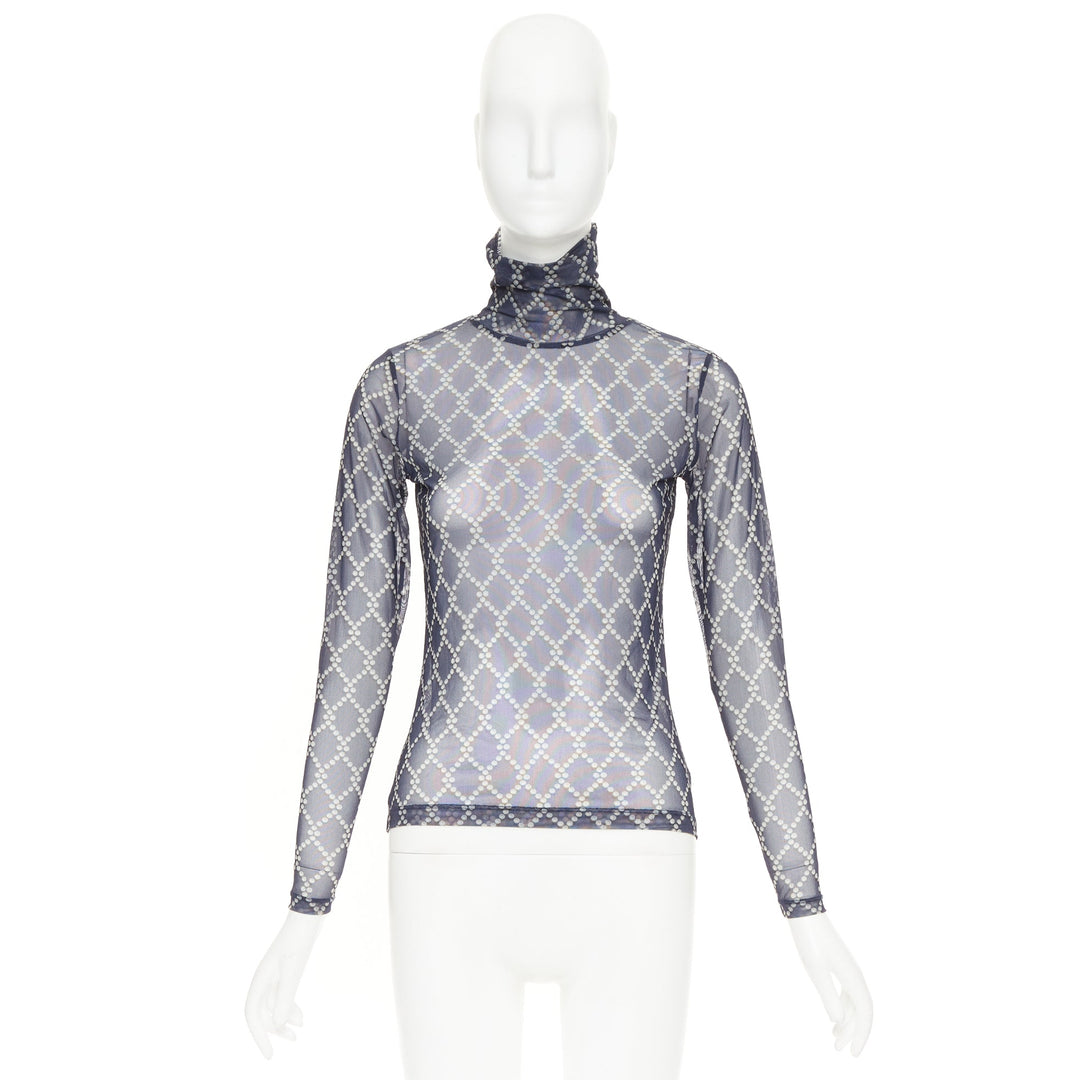 DRIES VAN NOTEN navy blue pearl diamond print high neck sheer top S