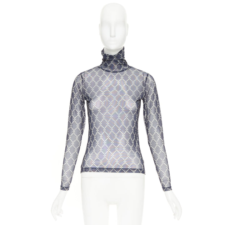 DRIES VAN NOTEN navy blue pearl diamond print high neck sheer top S
