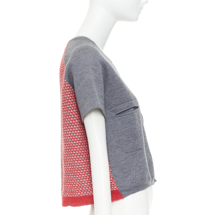 MARNI 2016 grey cotton raglan short sleeve red tweed back crop cardigan IT40 S