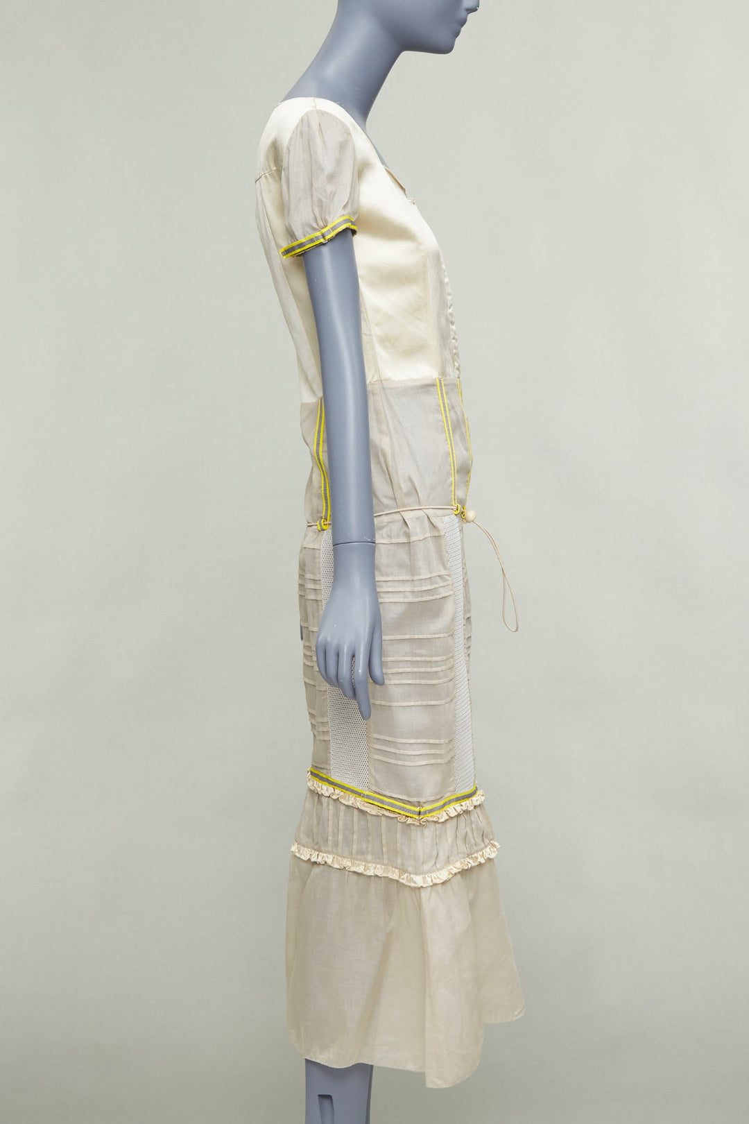 rare MIU MIU 1999 Runway beige technical patchwork satin neon trim dress IT44 L
