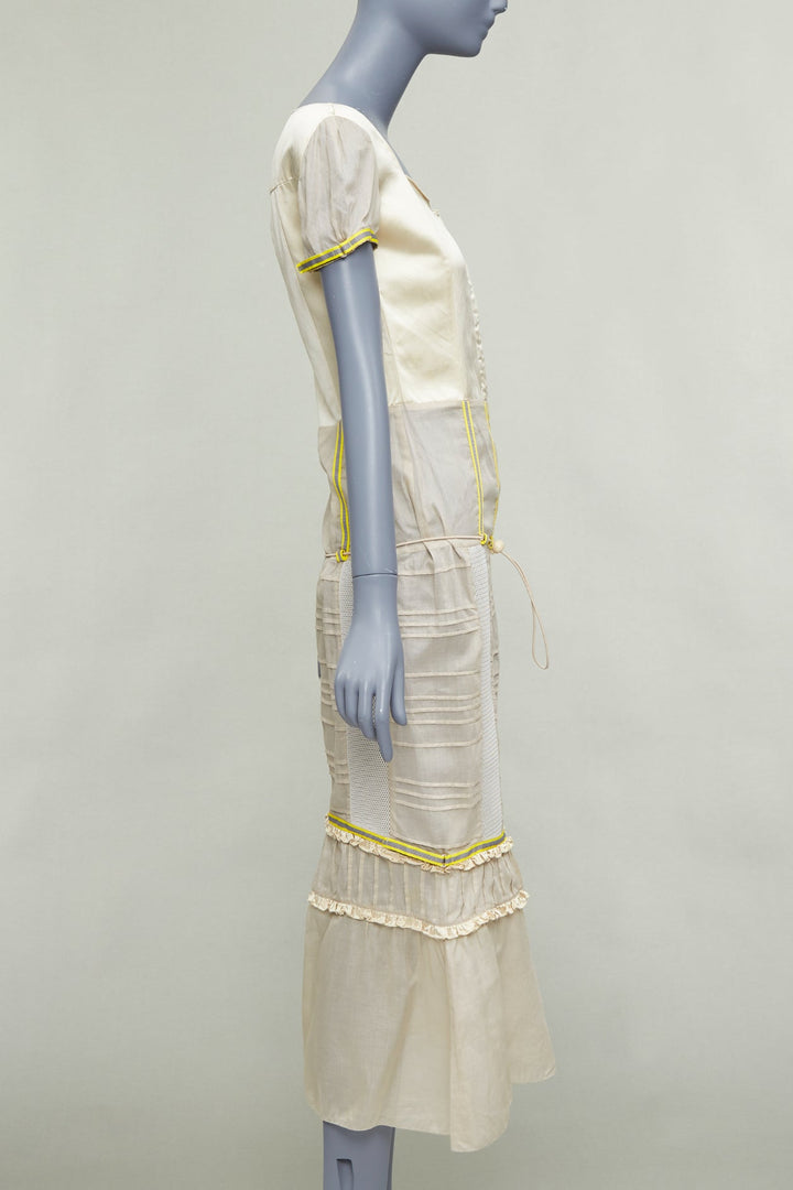 rare MIU MIU 1999 Runway beige technical patchwork satin neon trim dress IT44 L
