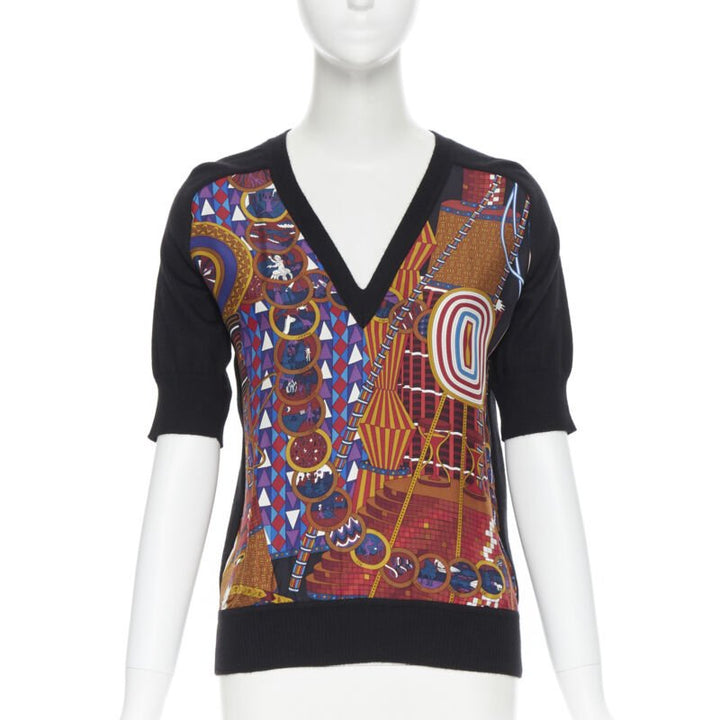 HERMES PARIS signature silk print front black cashmere knit V-neck sweater Fr34