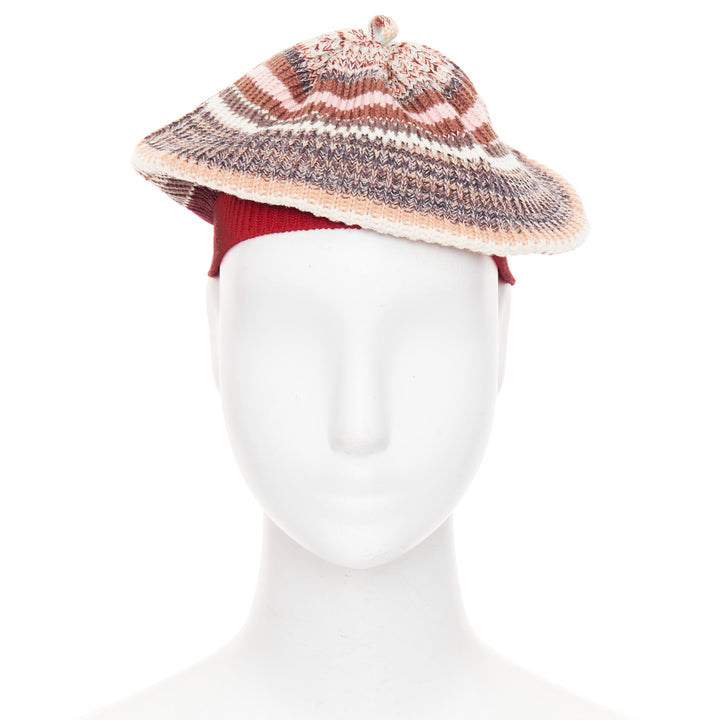 MISSONI red pink multicolor striped wool blend knitted beret hat