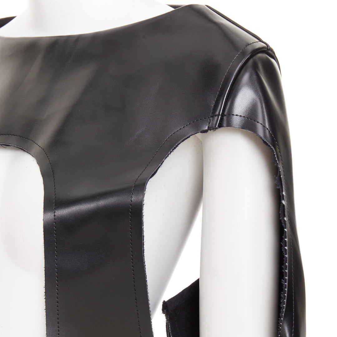 rare COMME DES GARCONS 2019 Runway black faux leather open frame cut out top XS