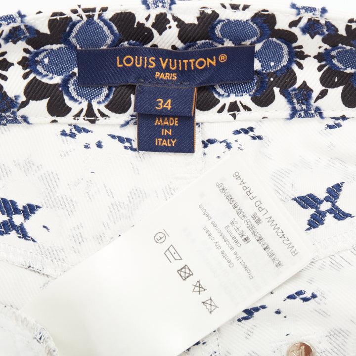LOUIS VUITTON Flower Mosaic blue white logo floral print cotton shorts FR34 XS