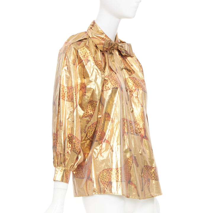 rare GUCCI 2016 horse metallic lurex animal print pussy bow blouse top IT36 XXS